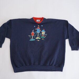 Vintage Morning Sun Navy Birdhouse Sweatshirt Cottagecore Grandmacore 2X